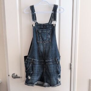 Maternity Denim Overall Shorts with Distressed Details